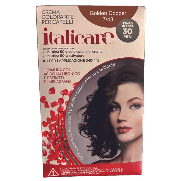 Italicare Oxydant Hair color | 7/43 Pure Golden Copper Hair Coloring Cream | 50 g Hair Coloring Cream + 50 g Hair color Developer 20 volume 6% | Contains Hyaluronic Acid With Pomegranate Extract | 100% gray hair coverage | intense and brilliant color |